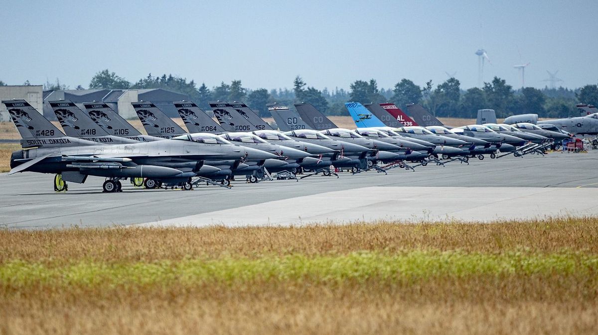 US F-16 fighter aircrafts are parked at the military air base in Jagel, southern Germany, during the Air Defender Exercise 2023 on June 16, 2023. The Air Defender 2023 is a multinational air operation exercise including some 220 military aircraft from 25 NATO and partner countries in European airspace under the command of the German Air Force taking place from June 12 to June 24, 2023. The exercise will include operational and tactical-level training, primarily in Germany, but also in the Czech Republic, Estonia and Latvia. (Photo by Axel Heimken / AFP)