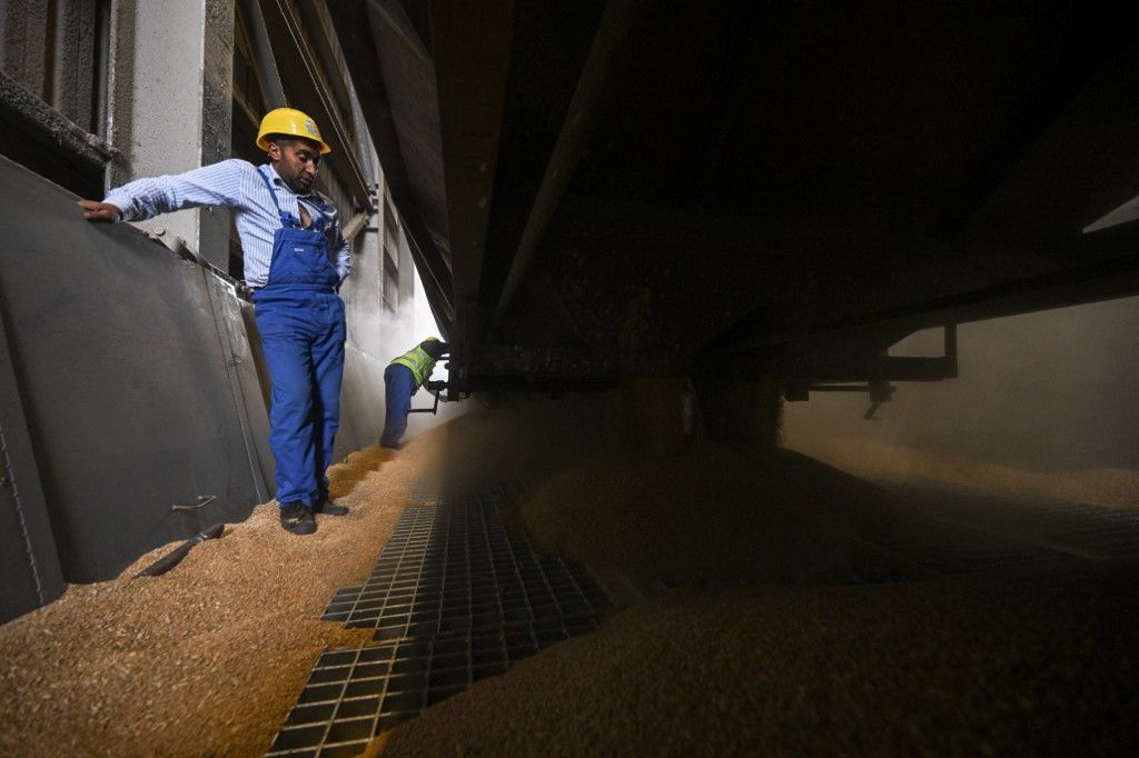 Workers open the hatches of a wheat transporting train car to be downloaded to a silo at "COMVEX" grain terminal in Constanta harbor, Romania on July 31, 2023. Since the beginning of the war in neighbouring Ukraine, Constanta, the largest port for cereals in Europe, has been on a race to adapt to the growing influx of Ukrainian grain. In this year's first six month, it registered a traffic of 7.5 million tons of Ukrainian grain compared to 8.7 million tons for all of last year. Romania and four other EU members have asked for the extension of the ban on the domestic sale of Ukrainian grain products, currently set to expire on September 15. (Photo by Daniel MIHAILESCU / AFP)