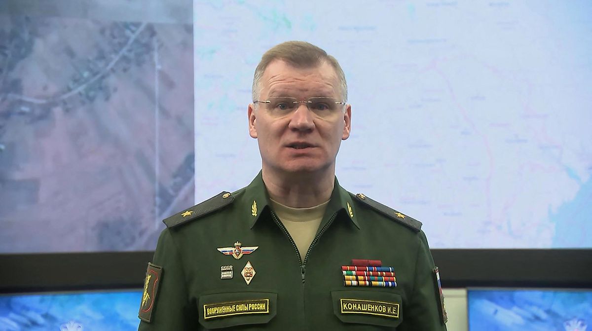 This video grab taken from a handout footage released by the Russian Defence Ministry on April 23, 2022 shows Russian Defence Ministry spokesman Major General Igor Konashenkov holding a briefing. (Photo by Handout / Russian Defence Ministry / AFP) / RESTRICTED TO EDITORIAL USE - MANDATORY CREDIT "AFP PHOTO/ RUSSIAN DEFENCE MINISTRY" - NO MARKETING - NO ADVERTISING CAMPAIGNS - DISTRIBUTED AS A SERVICE TO CLIENTS / “The erroneous mention[s] appearing in the metadata of this photo by Handout has been modified in AFP systems in the following manner: [April 23] instead of [March 27]. Please immediately remove the erroneous mention[s] from all your online services and delete it (them) from your servers. If you have been authorized by AFP to distribute it (them) to third parties, please ensure that the same actions are carried out by them. Failure to promptly comply with these instructions will entail liability on your part for any continued or post notification usage. Therefore we thank you very much for all your attention and prompt action. We are sorry for the inconvenience this notification may cause and remain at your disposal for any further information you may require.”