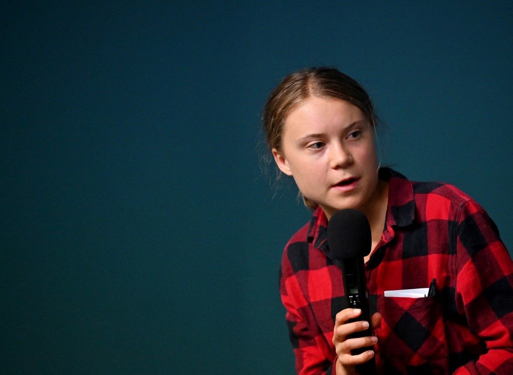 Greta Thunberg, Swedish environmental activist, member of the newly created international working group on environmental crimes of Russia, speaks during a press briefing following the group first meeting in Kyiv on June 29, 2023. (Photo by Sergei SUPINSKY / AFP)