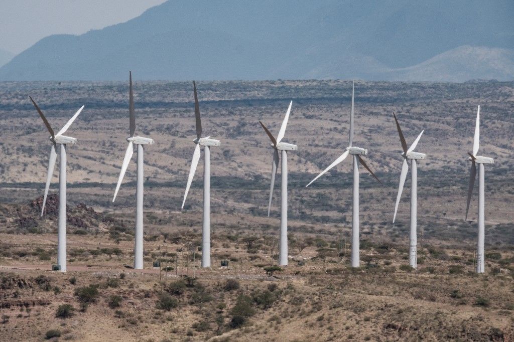 Wind turbines part of the Lake Turkana Wind Power project (LTWP) which have been standing idle for nearly a year, are seen in Loiyangalani district, Marsabit County, northern Kenya, on June 29, 2018. After seven years of research, 365 wind turbines made by Denish Vestas Wind Systems have been placed in 40,000 acres to be turned by constant wind which will provide 310 MW, about 15 percent of the country’s installed capacity. The Kenyan Government constructs the 428 km transmission line linking Lake Turkana Wind Power to the national grid which has been delayed by landowners’ compensation demands and the change of the contractor. The transmission line is planned to complete by August 31, 2018. (Photo by Yasuyoshi CHIBA / AFP)
