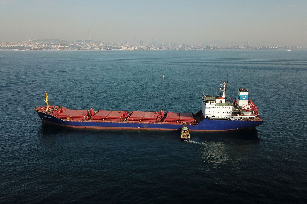 An aerial photograph taken on October 31, 2022 shows a cargo ship loaded with grain being inspected in the anchorage area of the southern entrance to the Bosphorus in Istanbul. Cargo ships loaded with grain and other agricultural products left Ukrainian ports on october 31, 2022 despite Russia's decision to pull out from a landmark deal designed to ease a global food crisis. As one of the brokers of the grain deal, Turkey has stepped up diplomacy with the two warring countries in a bid to save it as Russia warned that continuing to enforce the agreement without its participation would be "dangerous". (Photo by Ozan KOSE / AFP)