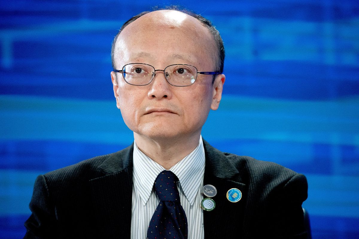Japanese Finance Vice Minister Masato Kanda looks on during a G7 press briefing at the International Monetary Fund (IMF) headquarters during the IMF and World Bank Spring Meetings at in Washington, DC, on April 12, 2023. (Photo by Stefani Reynolds / AFP)