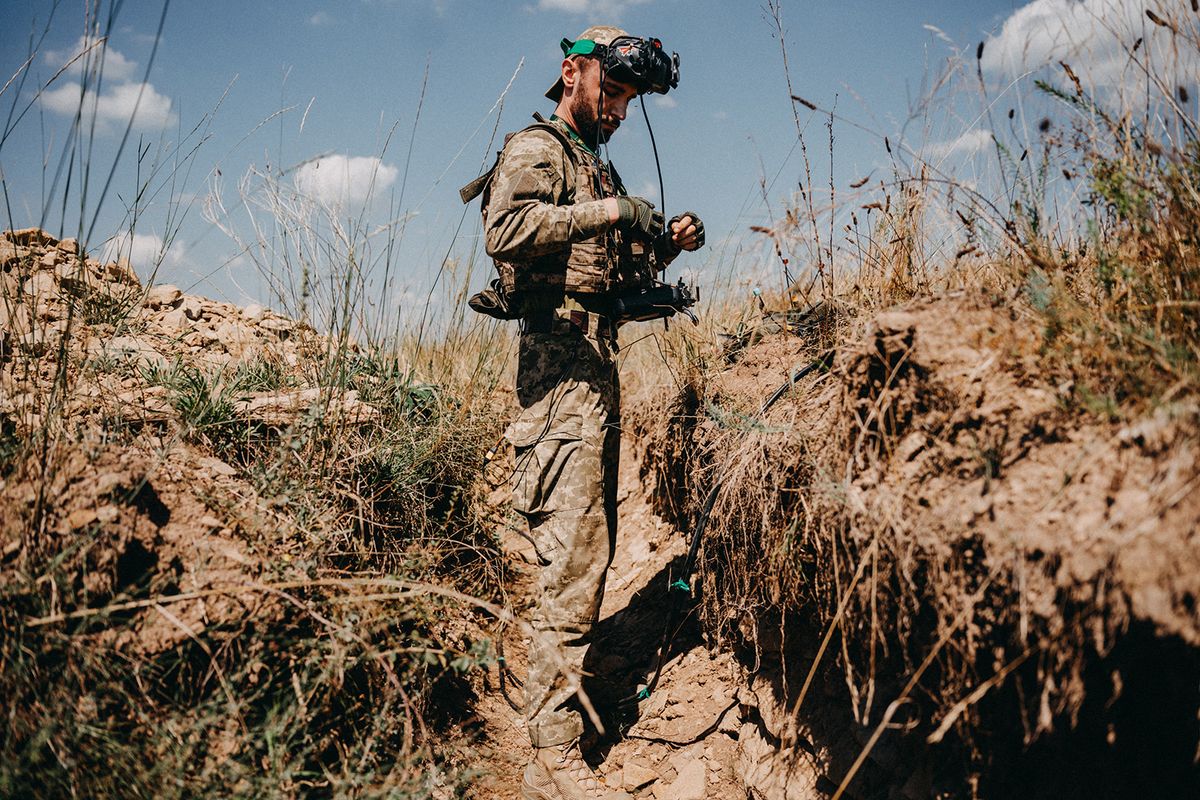 DONETSK OBLAST, UKRAINE - AUGUST 3: A Ukrainian drone operator from the 24th Separate Mechanized Brigade stands during the testing of new military equipment including FPV drones on the training area amid Russia-Ukraine war in Donetsk Oblast, Ukraine on August 03, 2023. Wojciech Grzedzinski / Anadolu Agency (Photo by WOJCIECH GRZEDZINSKI / ANADOLU AGENCY / Anadolu Agency via AFP)