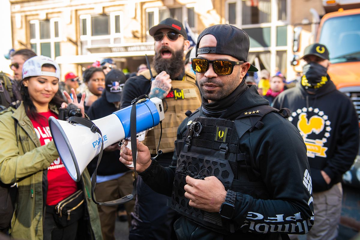 WASHINGTON D.C., NOVEMBER 14- Enrique Tarrio and the Proud Boys demonstrate near Freedom Plaza during the Million Maga March protest regarding election results on November 14, 2020 in Washington D.C. Photo: Chris Tuite/imageSPACE/MediaPunch Million Maga March  November 14, 2020 