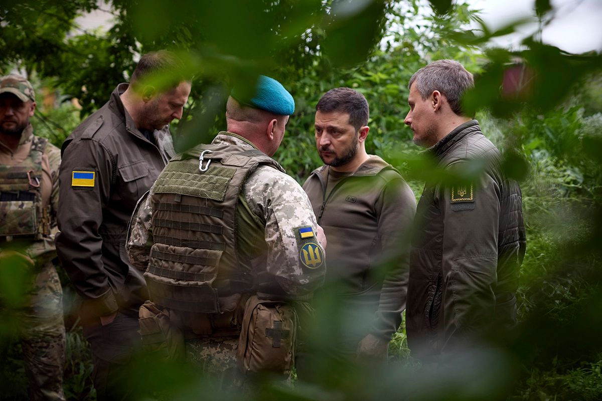 Ukrainian President Volodymyr Zelenskyy Visits Frontline Troops in VuhledarUkrainian President Volodymyr Zelenskyy Visits Frontline Troops in VuhledarMay 23, 2023, Vuhledar, Donetsk Oblast, Ukraine: Ukrainian President Volodymyr Zelenskyy, center, is briefed on the combat situation by Ukraine Marines commander Lieutenant General Yuriy Sodol, center left, as chief of presidential staff Andriy Yermak, left, and National Security Advisor Roman Mashovet, , right, listen during a visit to frontline positions in the Donetsk region, May 23, 2023 in Vuhledar, Donetsk Oblast, Ukraine. (Credit Image: © Pool /Ukrainian Presidentia/Planet Pix via ZUMA Press Wire)