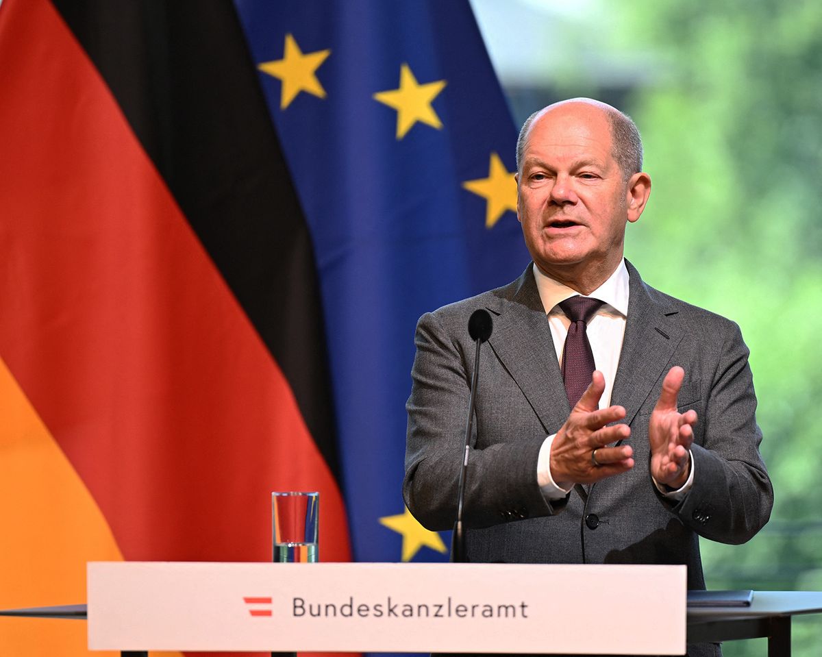 German Chancellor Olaf Scholz speaks during a joint press conference after meeting his Austrian counterpart in Salzburg, Austria, on August 18, 2023. (Photo by BARBARA GINDL / APA / AFP) / Austria OUT