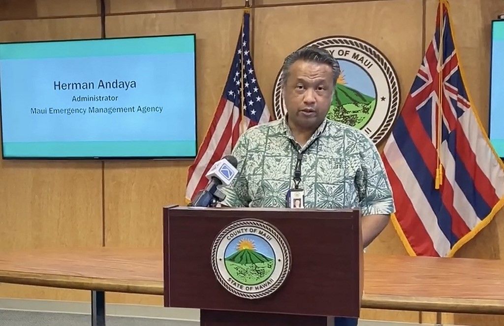 This screengrab obtained August 17, 2023, courtesy of County of Maui shows Herman Andaya, head of the Maui Emergency Management Agency on September 14, 2021. The embattled head of Maui's emergency management agency, who had come under fire for sirens not being sounded as a wildfire tore through the Hawaiian town of Lahaina, resigned August 17, a statement said.
"Today Mayor Richard Bissen accepted the resignation of Maui Emergency Management Agency (MEMA) Administrator Herman Andaya," a Maui County release said.
"Citing health reasons, Andaya submitted his resignation effective immediately." (Photo by County of Maui / AFP) / RESTRICTED TO EDITORIAL USE - MANDATORY CREDIT "AFP PHOTO / MAUI COUNTY / HANDOUT " - NO MARKETING - NO ADVERTISING CAMPAIGNS - DISTRIBUTED AS A SERVICE TO CLIENTS