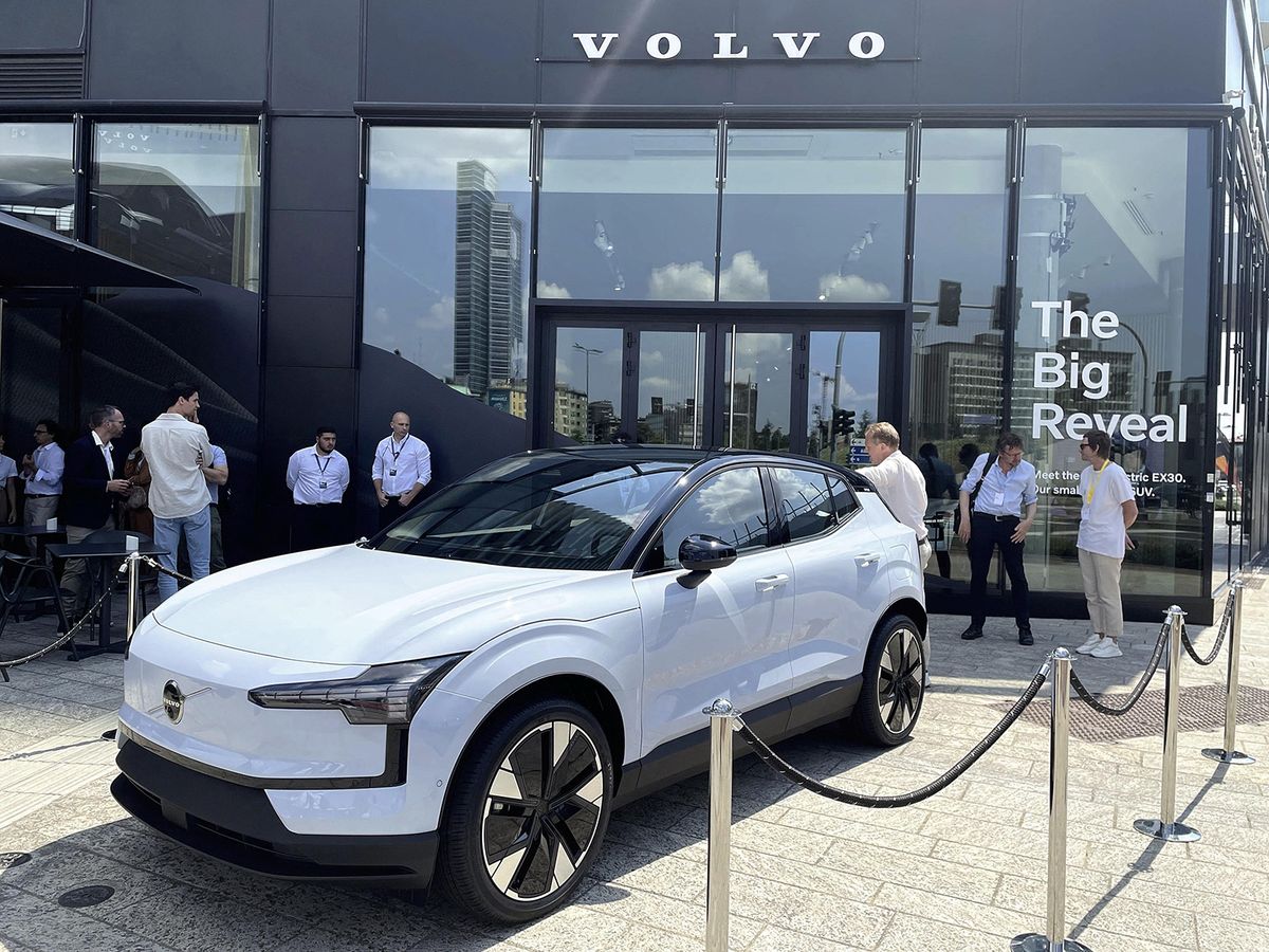 Volvo, a Swedish automaker announces its EX30, the smallest electric vehicle SUV in the lineup and the brand’s fourth all-electric option in Milan, Italy on June 7, 2023. The Swedish automaker will plan to only produce battery-powered vehicles by 2030.  ( The Yomiuri Shimbun ) (Photo by Azusa Nakanishi / Yomiuri / The Yomiuri Shimbun via AFP)