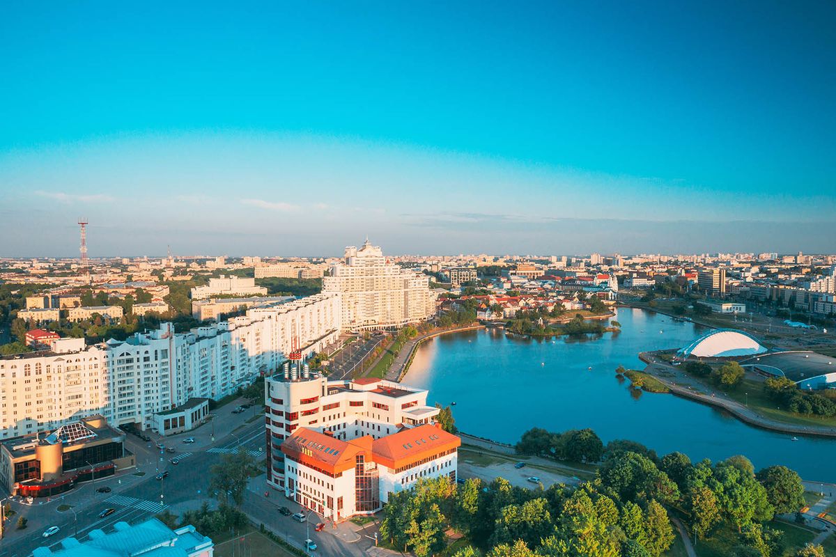 Minsk,,Belarus.,Elevated,View,Of,Minsk,Skyline,In,Sunny,Summer