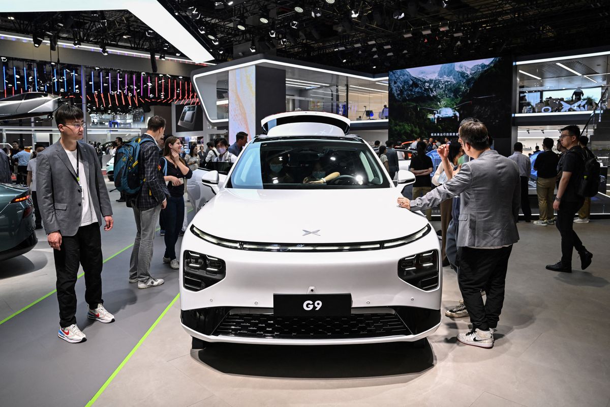 A Xpeng X9 car is displayed during the 20th Shanghai International Automobile Industry Exhibition in Shanghai on April 19, 2023. (Photo by Hector RETAMAL / AFP)