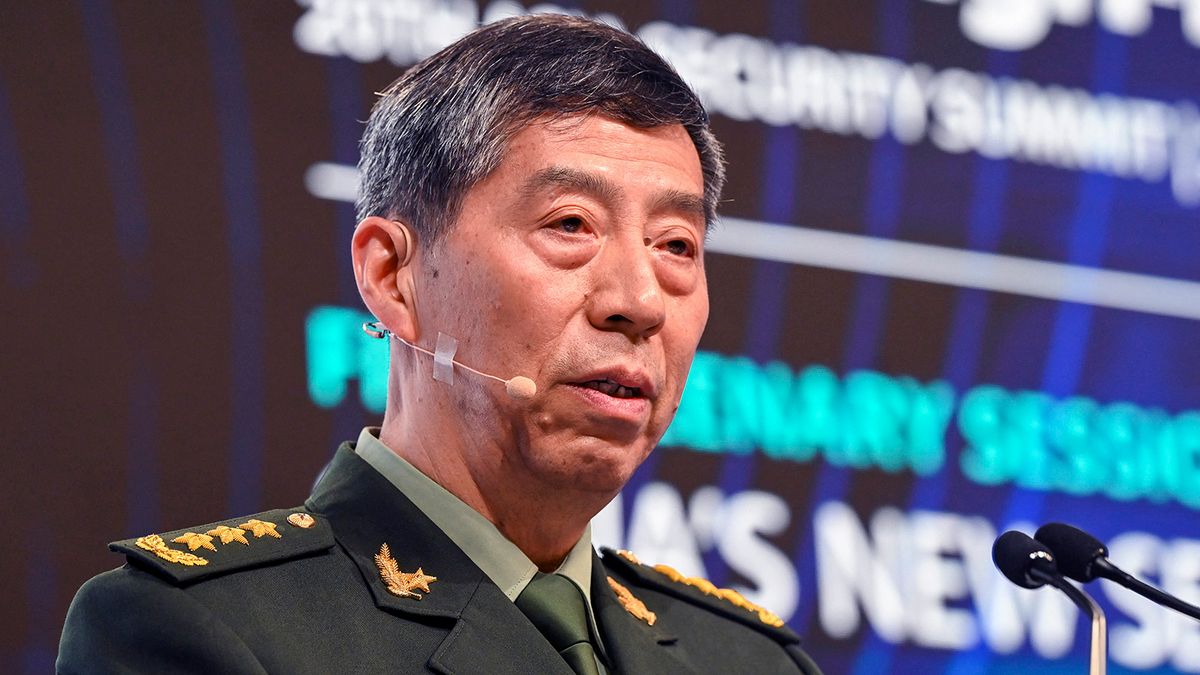 China's Minister of National Defence Li Shangfu delivers a speech during the 20th Shangri-La Dialogue summit in Singapore on June 4, 2023. (Photo by Roslan RAHMAN / AFP)