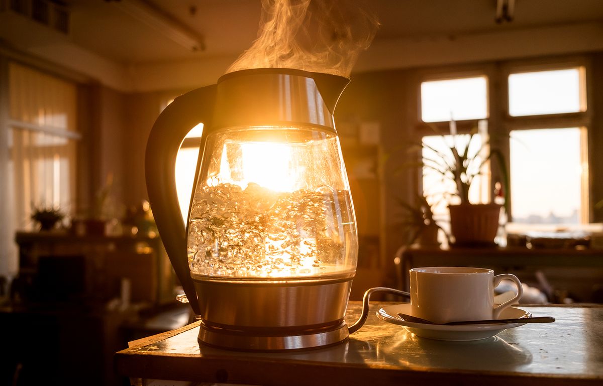 A,Transparent,Kettle,Of,Water,Boils,Against,The,Background,Of