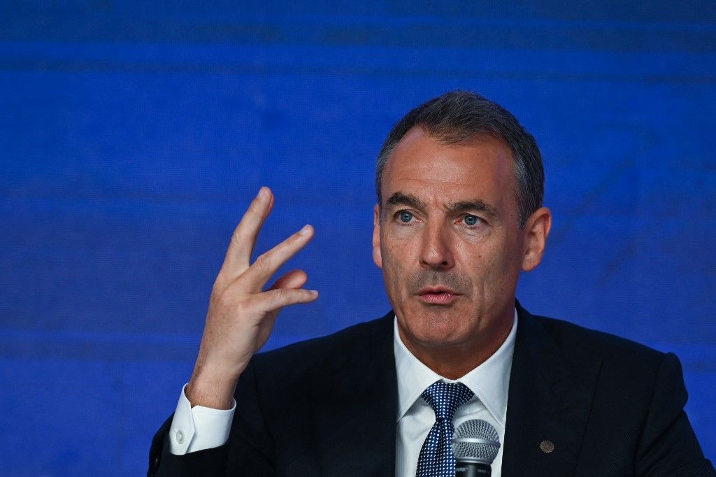 Bernard Looney, Chief Executive Officer of BP of UK, addresses the gathering on the second day of the three-day B20 Summit in New Delhi on August 26, 2023. (Photo by Arun SANKAR / AFP)