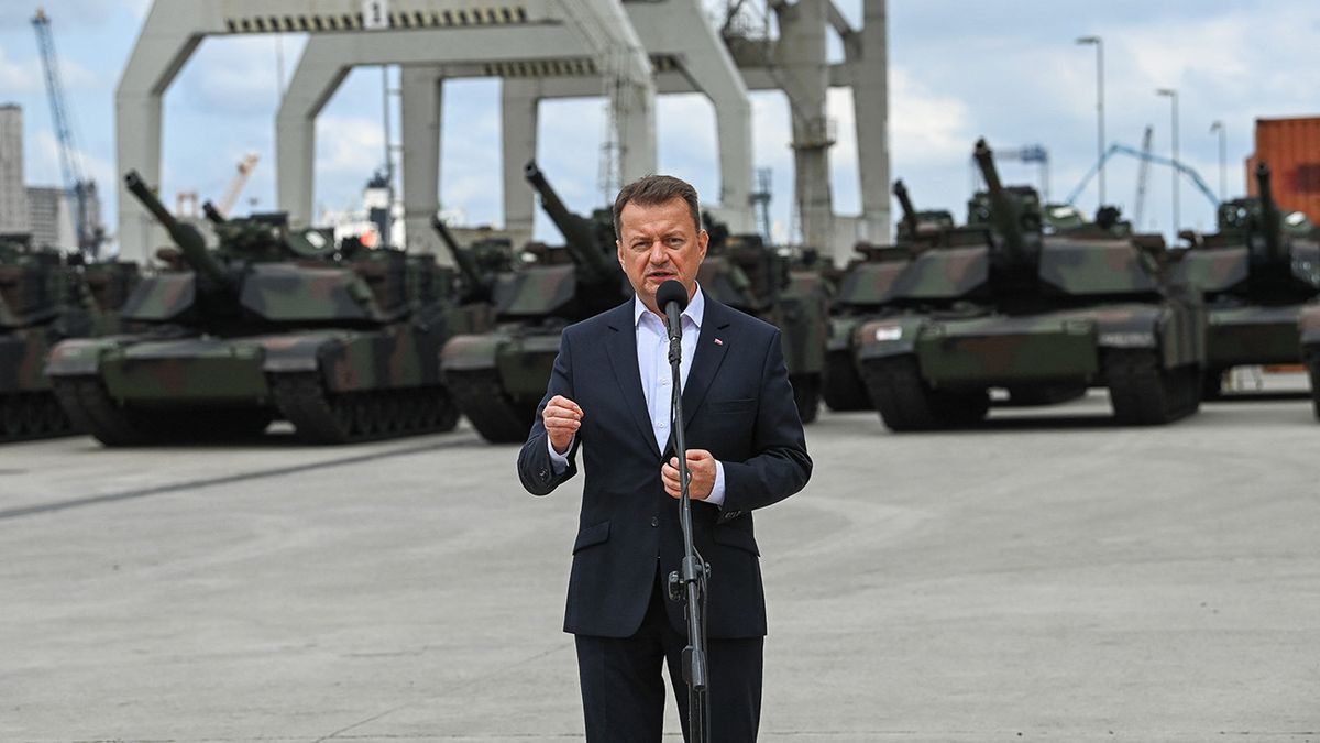 14 Abrams tanks delivered to Poland
SZCZECIN, POLAND - JUNE 28: (---EDITORIAL USE ONLY - MANDATORY CREDIT - "POLISH FOREIGN MINISTRY / HANDOUT" - NO MARKETING NO ADVERTISING CAMPAIGNS - DISTRIBUTED AS A SERVICE TO CLIENTS----) Ministry of Defence of Poland Mariusz Blaszczak gives a speech during the ceremony in which 14 Abrams tanks purchased from the USA are delivered to Polish army in Szczecin, Poland on June 28, 2023. Polish Foreign Ministry / Handout / Anadolu Agency (Photo by Polish Foreign Ministry / Handou / ANADOLU AGENCY / Anadolu Agency via AFP)