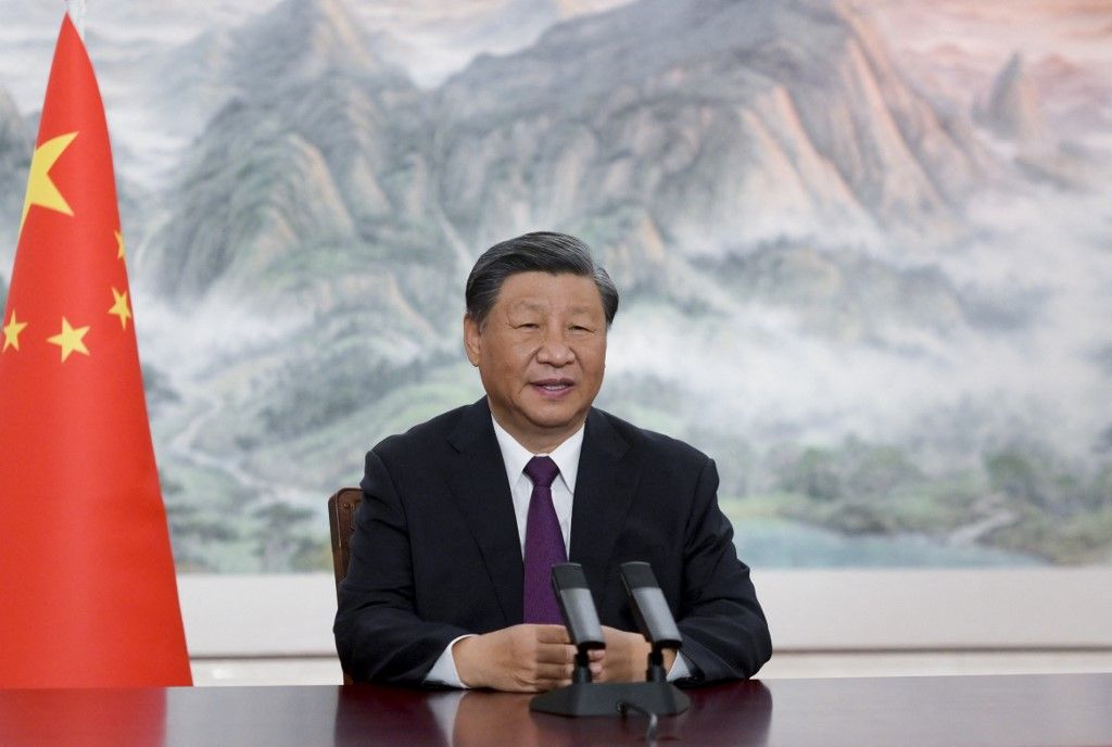 CHINA-XI JINPING-CIFTIS-SUMMIT-SPEECH (CN)(230902) -- BEIJING, Sept. 2, 2023 (Xinhua) -- Chinese President Xi Jinping addresses the Global Trade in Services Summit of the 2023 China International Fair for Trade in Services (CIFTIS) via video in Beijing, capital of China, on Sept. 2, 2023. (Xinhua/Li Xueren) (Photo by LI XUEREN / XINHUA / Xinhua via AFP)