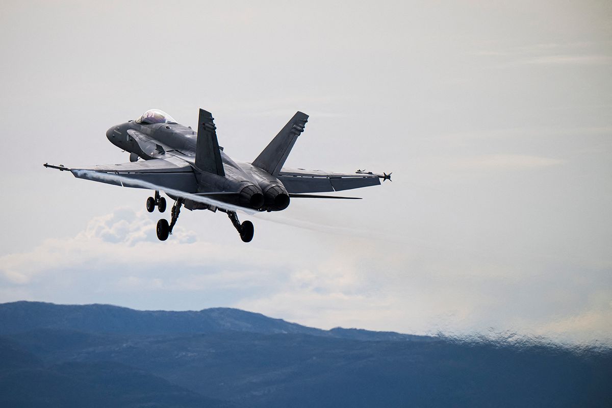 A Finnish Air Force’s F-18 takes off from Orland Air Base during the The Arctic Fighter Meet exercises occurring from August 21 to 25 in Brekstad, located west of Trondheim, Norway, on August 23, 2023. Norwegian F-35, Swedish JAS Gripen and Finnish F-18 participate in the Arctic Fighter Meet exercise, part of the Nordic Defence Cooperation (NORDEFCO).  (Photo by Jonathan NACKSTRAND / AFP)