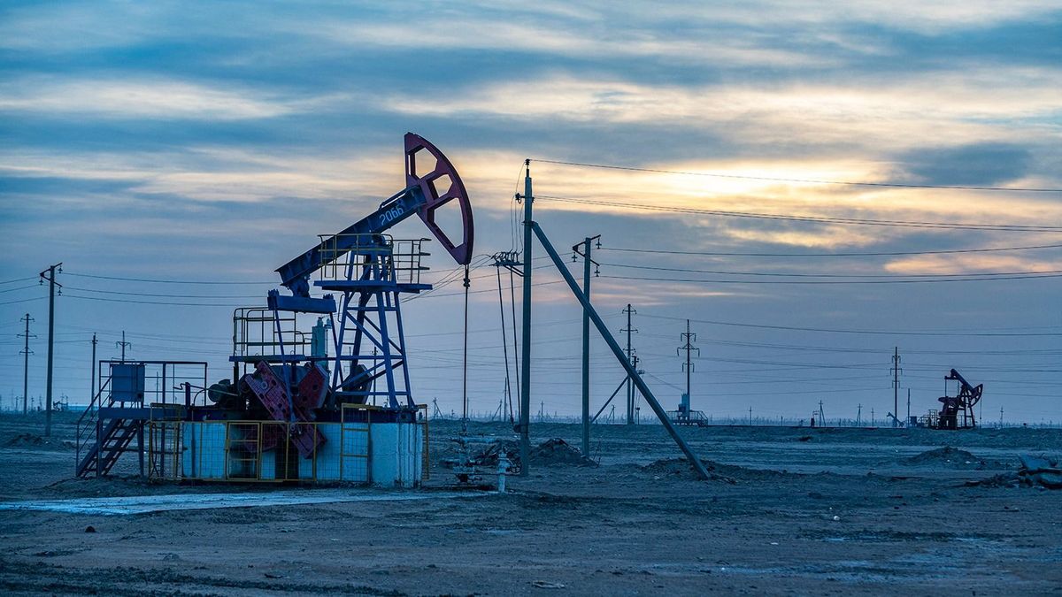 Oil rigs at sunset, Novy Uzen, Mangystau, Kazakhstan, Central Asia, Asia (Photo by Michael Runkel / Robert Harding RF / robertharding via AFP)