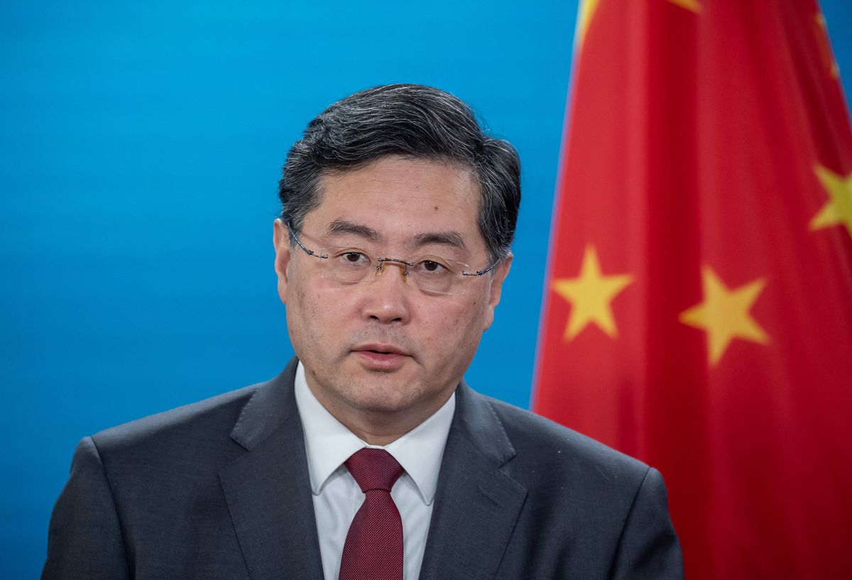 Baerbock meets Chinese foreign minister
09 May 2023, Berlin: Qin Gang, Foreign Minister of China, speaks at a press conference after bilateral talks with Foreign Minister Baerbock at the Federal Foreign Office. Photo: Michael Kappeler/dpa-pool/dpa (Photo by MICHAEL KAPPELER / dpa-pool / dpa Picture-Alliance via AFP)