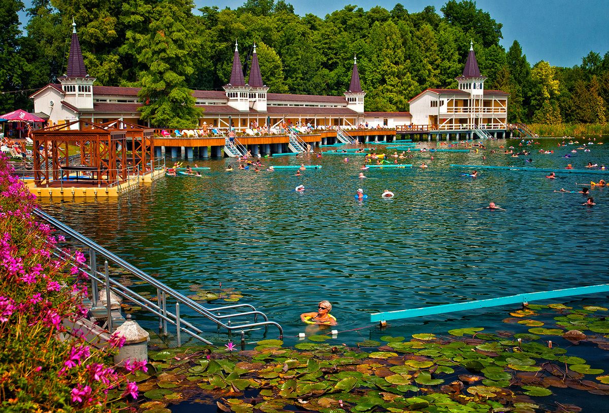 HEVIZ, HUNGARY - 23 AUGUST, 2013: Lake Heviz in Hungary. It is the second largest thermal lake in the world. The lake is believed to be completely replenished each day.
