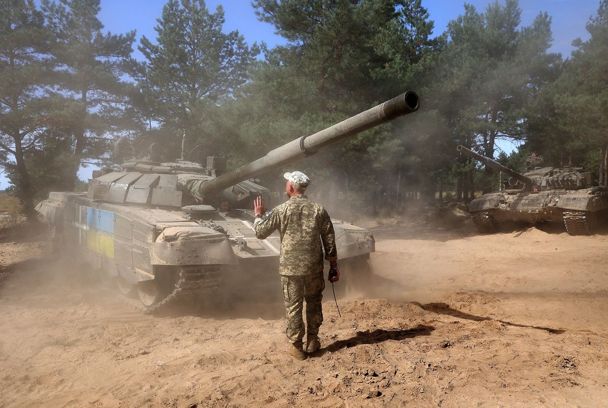 Ukrainian tanks take part in a training excercise in the Chernigiv region on September 8, 2023, amid the Russian invasion of Ukraine. (Photo by Anatolii Stepanov / AFP)