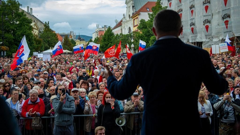 Former prime minister Robert Fico gives a speech during a protest against the governmental COVID-19 coronavirus pandemic measures in Kosice on September 1, 2021. (Photo by PETER LAZAR / AFP)