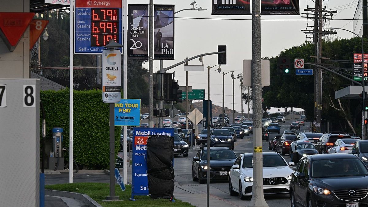 Gas prices are seen at a gas station in Los Angeles on September 28, 2023. California gas prices are nearing USD $7 per gallon in some locations as oil prices surge toward $100 a barrel. (Photo by Robyn Beck / AFP)