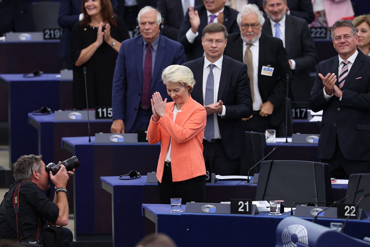 EU Commission President Ursula von der Leyen is applauded after giving her annual State of the Union address during a plenary session at the European Parliament in Strasbourg, eastern France, on September 13, 2023. (Photo by FREDERICK FLORIN / AFP)