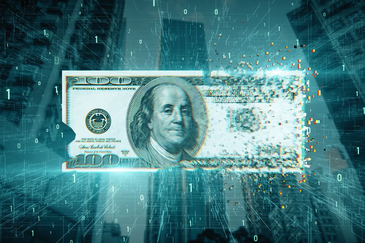 Digital,Dollar,Bill,On,Blurry,Tech,City,Background,With,Binary