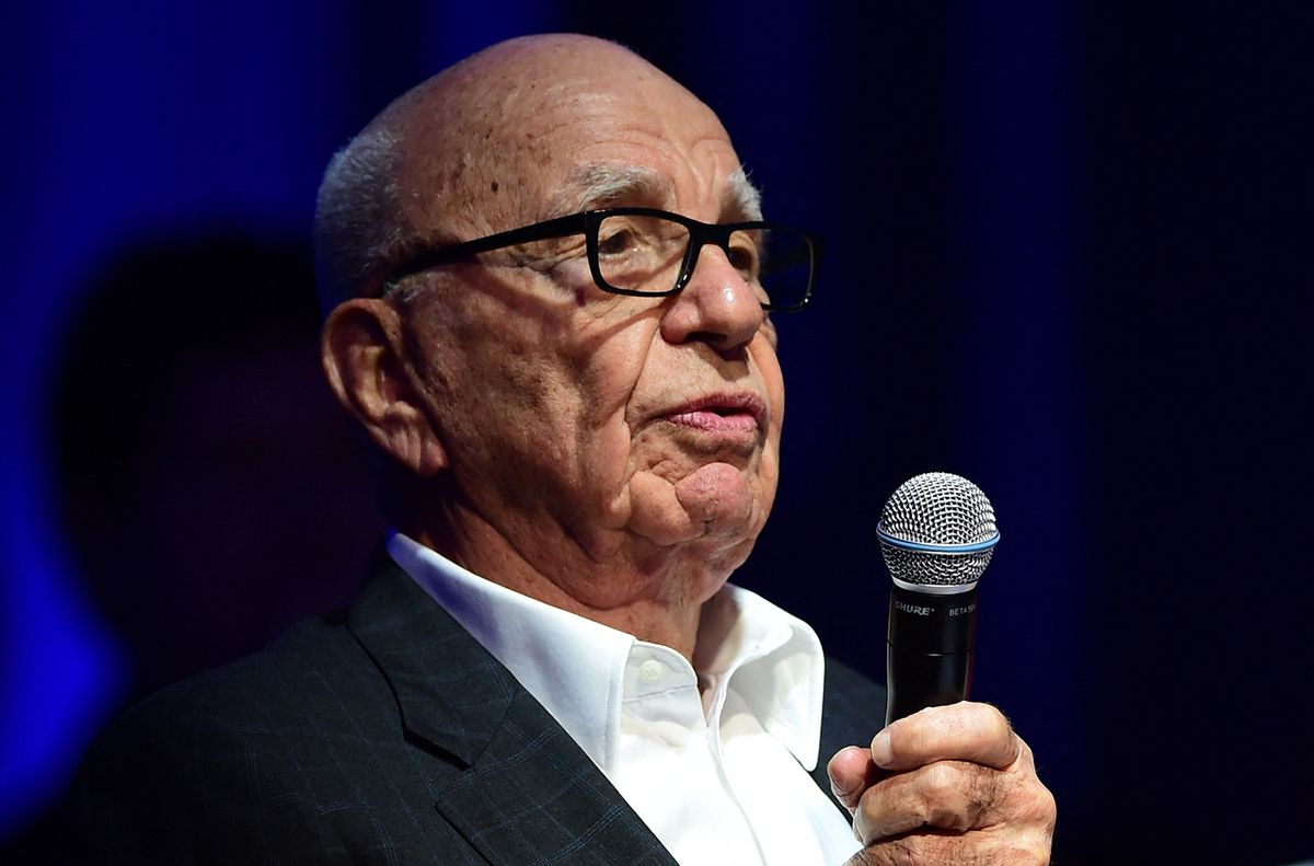 Rupert Murdoch, Executive Chairman of News Corp and 21st Century Fox, offers his critique to finalists at the Global Startup Showcase, as one of four judges at 2015 WSJD Live on October 20, 2015 in Laguna Beach, California. WSJ D Live brings together top CEOs, founders, pioneers, investors and luminaries to explore the most exciting tech opportunities emerging around the world. AFP PHOTO / FREDERIC J. BROWN (Photo by Frederic J. BROWN / AFP)