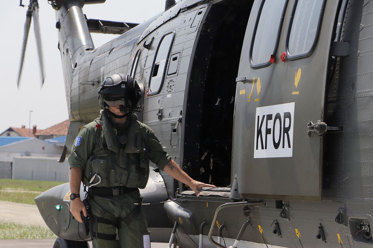 MITROVICA, KOSOVO - JUNE 20: NATO Kosovo Force (KFOR) executes air patrol to ensure the security of the country after tensions in Mitrovica, Kosovo on June 20, 2023. Eren Beksac / Anadolu Agency (Photo by Eren Beksac / ANADOLU AGENCY / Anadolu Agency via AFP)