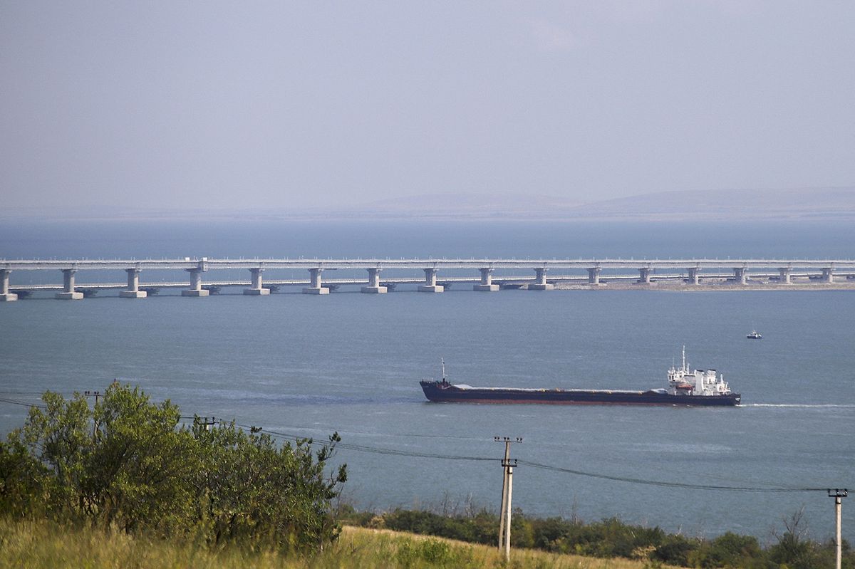 Crimea bridge
CRIMEA - JULY 25: A cargo ship crosses the Kerch Strait as the Crimea bridge is seen behind as Russia-Ukraine war continues in Crimea on July 25, 2023. Car ferries departing from Kavkaz Port of Krasnodar to the Kerch Strait, where the Crimean bridge, where the attacks were carried out recently, attract great attention. Stringer / Anadolu Agency (Photo by STRINGER / ANADOLU AGENCY / Anadolu Agency via AFP)