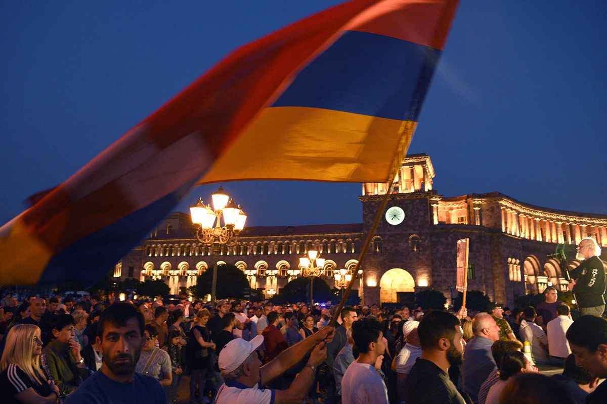 Armenians attend a rally in Yerevan on September 21, 2023, following Azerbaijani military operations against Armenian separatist forces in Nagorno-Karabakh. Azerbaijan and Armenian separatists from the disputed territory of Nagorno-Karabakh held their first direct peace talks on September 21, 2023 after Baku claimed to have regained control over the breakaway region in a lightning military operation. (Photo by Karen MINASYAN / AFP)