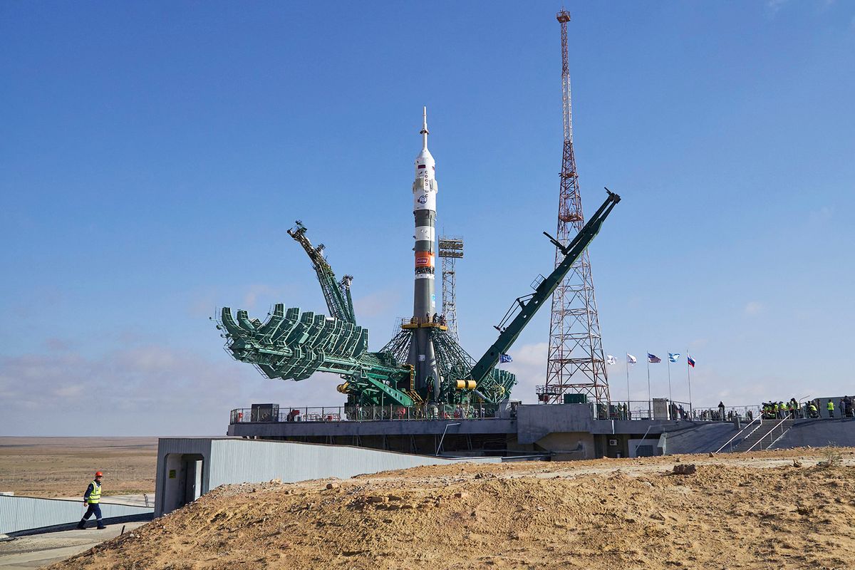 The Soyuz-2.1a rocket booster with the Soyuz MS-24 spacecraft is set at the launch pad at the Russian-leased Baikonur cosmodrome in Kazakhstan on September 12, 2023. The crew of Russian cosmonauts Oleg Kononenko, Nikolai Chub and US astronaut Loral O’Hara is scheduled to blast off to the International Space Station (ISS) aboard the Soyuz MS-24 spacecraft on September 15. (Photo by Andrey BORODULIN / AFP)