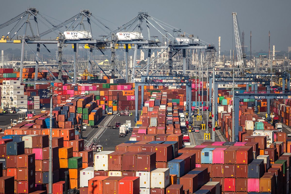 Traffic jam at the Port of Los Angeles
Gantry cranes, shipping containers and trucks are seen inside the Port of Los Angeles in San Pedro, California, November 17, 2021. This morning the Governor of California, Gavin Newsom joined John Porcari, port envoy to the Biden administration's Supply Chain Disruptions TaskForce, legislators and local officials in the Los Angeles Harbor area to highlight the ongoing state and federal efforts to address port congestion. Congestion at US ports has caused supply chain disruptions, driving up prices and leading to a growing shortage of goods. (Photo by Apu GOMES / AFP)