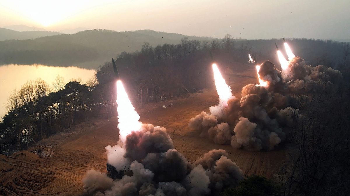 This picture taken on March 9, 2023 and released by North Korea's official Korean Central News Agency (KCNA) on March 10 shows a fire attack by the Hwasong Artillery unit, responsible for important operational missions of the Korean People's Army Western Front, at an undisclosed location. (Photo by KCNA VIA KNS / AFP) / South Korea OUT / ---EDITORS NOTE--- RESTRICTED TO EDITORIAL USE - MANDATORY CREDIT "AFP PHOTO/KCNA VIA KNS" - NO MARKETING NO ADVERTISING CAMPAIGNS - DISTRIBUTED AS A SERVICE TO CLIENTS / THIS PICTURE WAS MADE AVAILABLE BY A THIRD PARTY. AFP CAN NOT INDEPENDENTLY VERIFY THE AUTHENTICITY, LOCATION, DATE AND CONTENT OF THIS IMAGE --- /