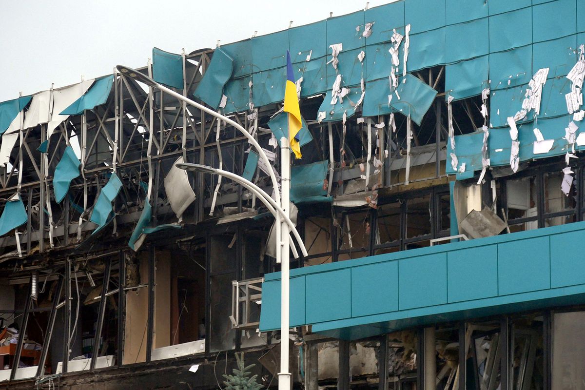 Aftermath of Russian attack on Izmail
IZMAIL, UKRAINE - AUGUST 2, 2023 - A Ukrainian flag is seen outside the building of the Marine Terminal damaged in the Russian drone attack on the port infrastructure of Izmail situated on the Danube River Wednesday night, August 2, Izmail, Odesa Region, southern Ukraine.NO USE RUSSIA. NO USE BELARUS. (Photo by Ukrinform/NurPhoto) (Photo by Yulii Zozulia / NurPhoto / NurPhoto via AFP)