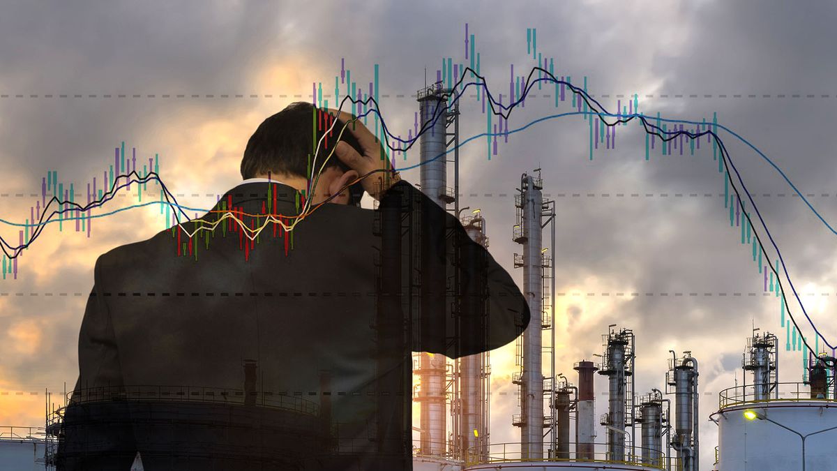 Business,,People,,Crisis,,Finances,And,Economics,Concept,-,Businessman,With
business, people, crisis, finances and economics concept - businessman with Oil Graph showing falling oil prices in the market and refinery background.