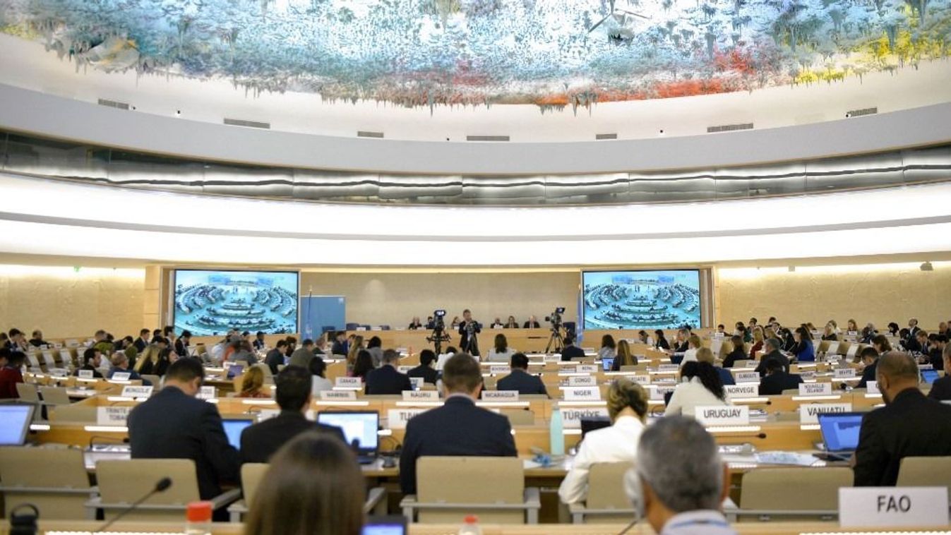 SWITZERLAND-GENEVA-CHINA-LIKE-MINDED COUNTRIES-WOMEN WITH DISABILITIES-INCLUSIVE SOCIETIES-PROMOTION-CALL(230921) -- GENEVA, Sept. 21, 2023 (Xinhua) -- This photo taken on Sept. 20, 2023 shows the 54th Human Rights Council, in Geneva, Switzerland. China and like-minded countries on Wednesday highlighted the importance of promoting inclusive societies to benefit women with disabilities and to contribute to their equal life and development. (Xinhua/Lian Yi) (Photo by Lian Yi / XINHUA / Xinhua via AFP)