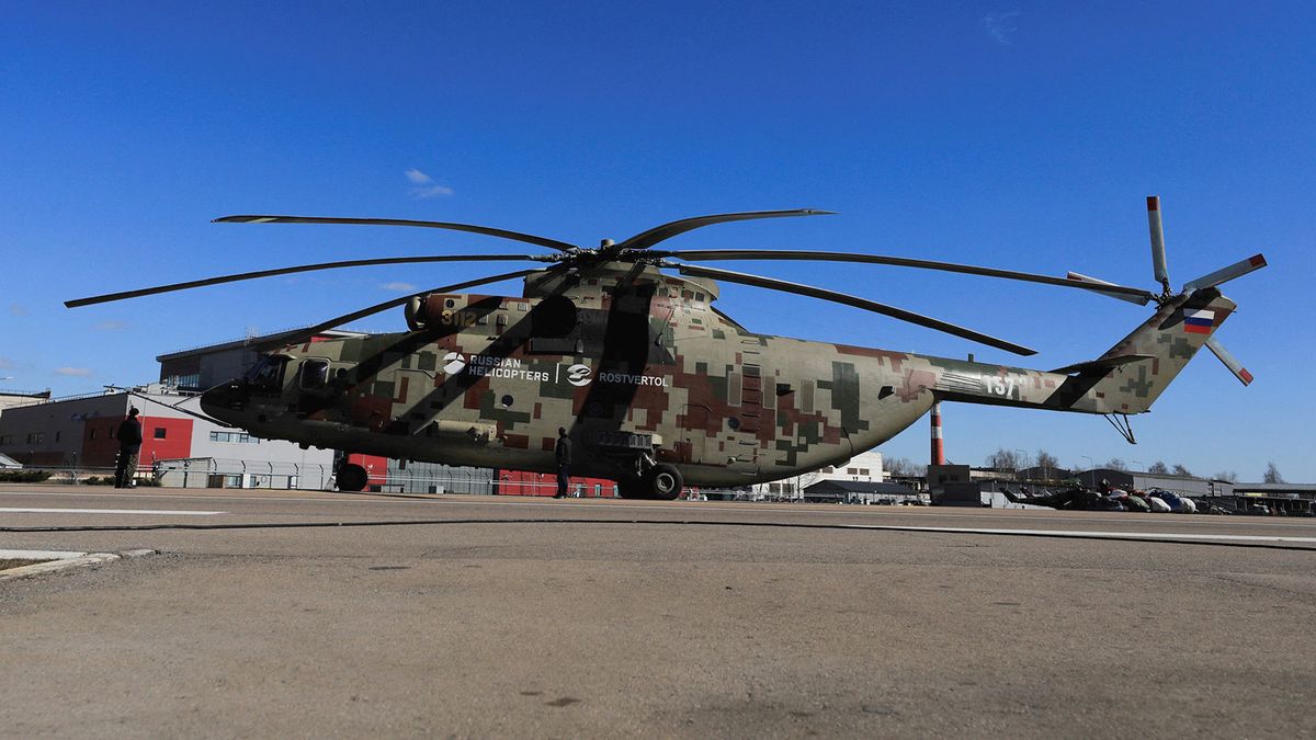 The largest in the World helicopter Russian Mi-26T2V
MOSCOW, RUSSIA - APRIL 03: Russian military helicopter Mi-26T2V sits during an exhibition flight at the Mil Moscow Helicopter plant in Moscow, Russia on April 03, 2019. Russian Helicopters (part of Rostec State Corporation) successfully completed preliminary flight tests of the largest in the World helicopter Mi-26T2V. The machine is being prepared for a handover to the Russian Ministry of Defense to do joint official tests. The upgraded heavy Mi-26T2V helicopter designed in the interests of the Ministry of Defense made its first flight in August 2018. The machine participated in the International Military and Technical Forum ARMY 2018. Then it was transferred to Mil Moscow Helicopter Plant to do preliminary flight tests.  Sefa Karacan / Anadolu Agency (Photo by SEFA KARACAN / ANADOLU AGENCY / Anadolu Agency via AFP)