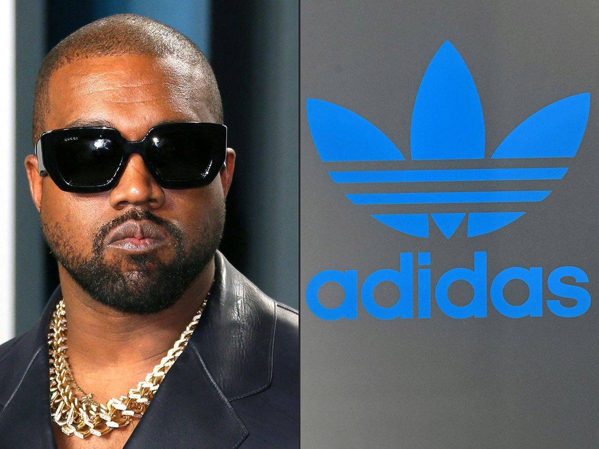 COMBO-US-GERMANY-ADIDAS-KANYE-SPORTS(COMBO) This combination of pictures created on October 25, 2022 showsKanye West attending the 2020 Vanity Fair Oscar Party in Beverly Hills  on February 10, 2020 and the Logo of German sports equipment maker Adidas on a shop in Munich, southern Germany, on March 10, 2021.. German sportswear giant Adidas said October 25, 2022 it was ending its partnership with Kanye West after a series of anti-Semitic outbursts by the controversial rapper. (Photo by Jean-Baptiste Lacroix and CHRISTOF STACHE / AFP)