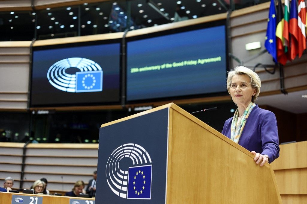 President of the European Commission Ursula von der Leyen delivers a speech on the 25th anniversary of the Good Friday Agreement, also known as Belfast Agreement, during a plenary session at the European Parliament in Brussels on March 29, 2023. (Photo by Kenzo TRIBOUILLARD / AFP)