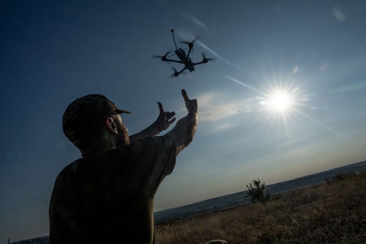 Ukrainian soldiers of the 24th Brigade test FPV drones in Druzhkivka