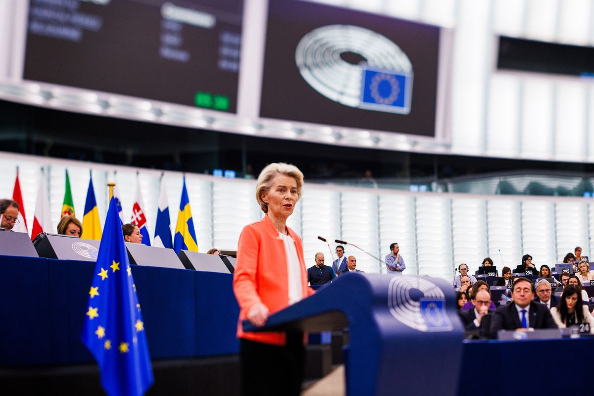 Plenary session of the European Parliament
13 September 2023, France, Straßburg: Ursula von der Leyen (CDU, EPP Group), President of the European Commission, stands in the European Parliament building and speaks. (Shot with a tilt lens and thus shifted focus plane) In her State of the Union 2023 speech, Commission President von der Leyen intends to outline the priorities and flagship initiatives for the coming year. It is the last speech of this legislative period in the run-up to the 2024 European elections. Photo: Philipp von Ditfurth/dpa (Photo by Philipp von Ditfurth/picture alliance via Getty Images)