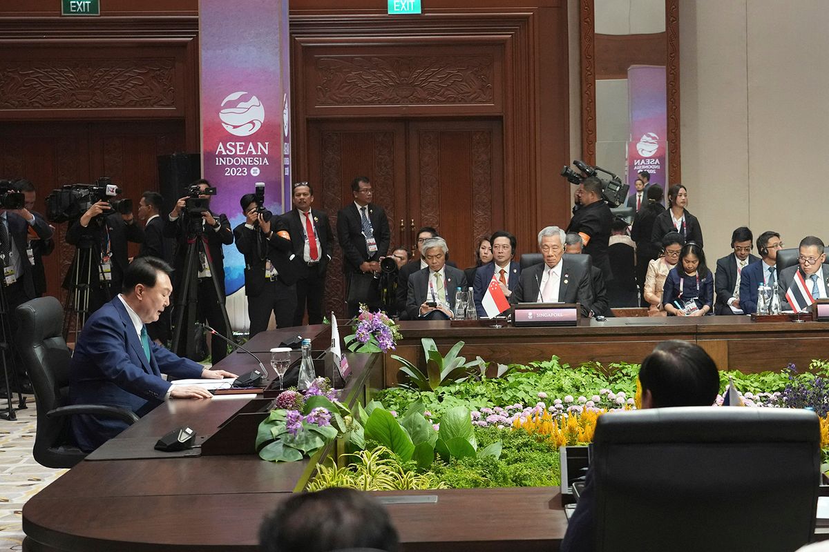 South Korea's President Yoon Suk-yeol (L) attends the ASEAN-South Korea Summit as part of the 43rd ASEAN Summit in Jakarta on September 6, 2023. (Photo by Tatan Syuflana / POOL / AFP)