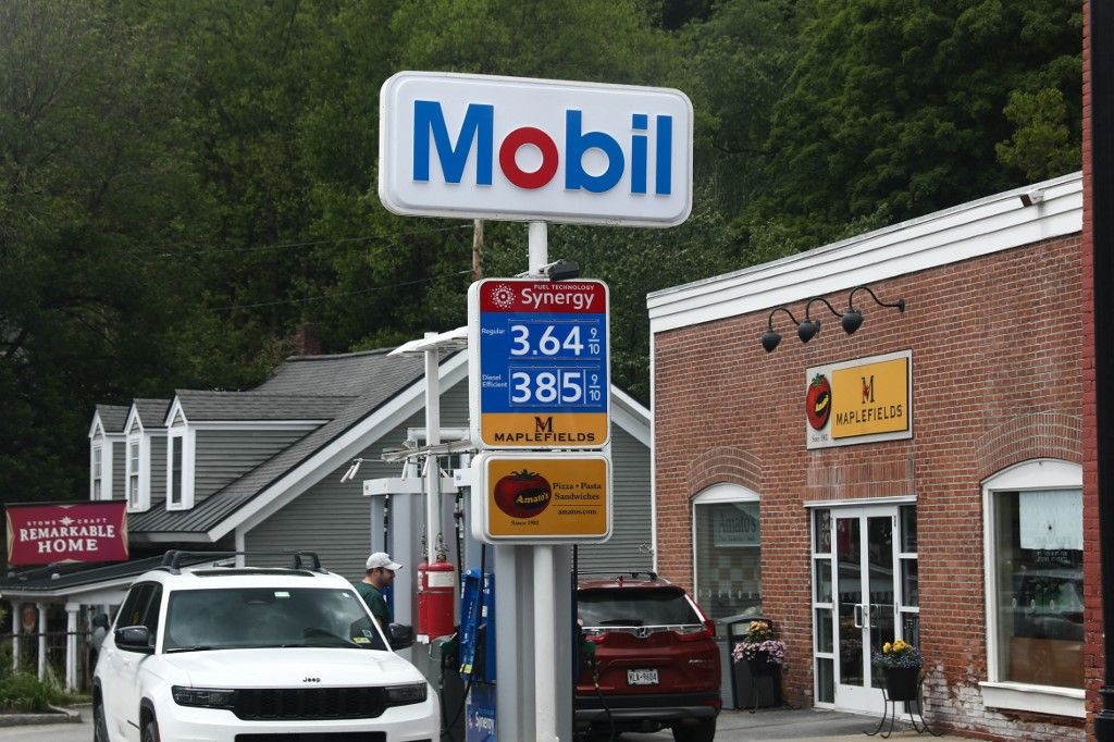 Vermont EconomyA view of the Mobil gas station in Stowe, United States on June 19, 2023. (Photo by Jakub Porzycki/NurPhoto) (Photo by Jakub Porzycki / NurPhoto / NurPhoto via AFP)