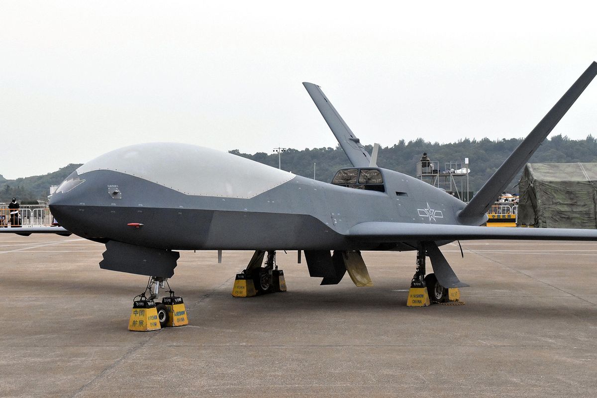 WZ-10, an unmanned aerial vehicle (UAV), is displayed during the China International Aviation & Aerospace Exhibition in Zhuhai, China on Nov. 8, 2022. ( The Yomiuri Shimbun ) (Photo by Miyuki Yoshioka / Yomiuri / The Yomiuri Shimbun via AFP)