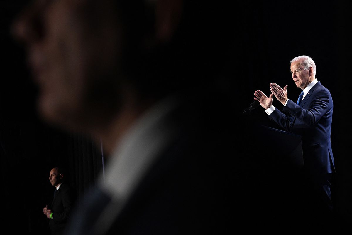 US President Joe Biden gestures as he speaks during the House Democratic Caucus Issues Conference at the Hyatt Regency Inner Harbor in Baltimore, Maryland, on March 1, 2023. (Photo by Andrew Caballero-Reynolds / AFP)