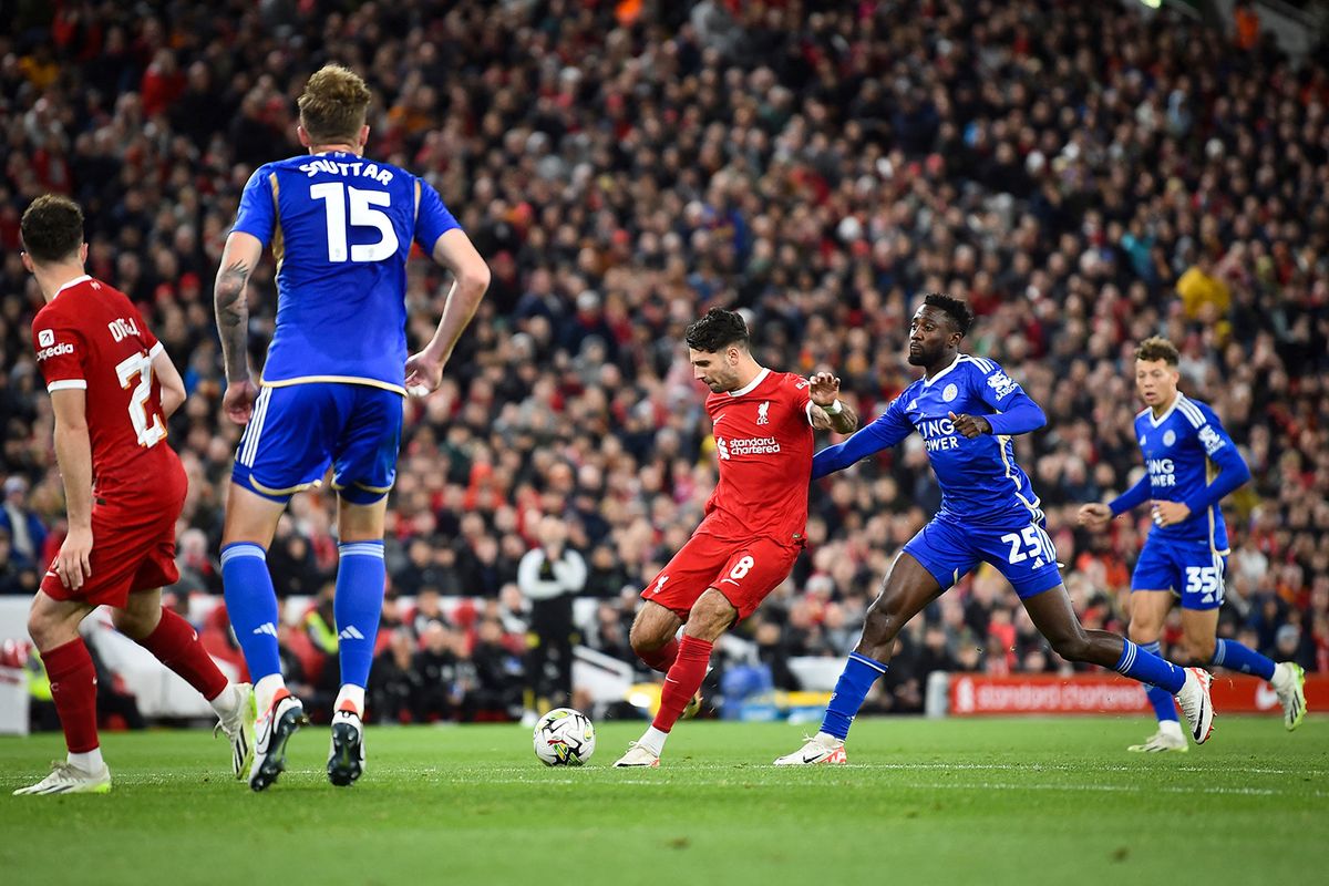 776031757
Liverpool's Hungarian midfielder #08 Dominik Szoboszlai (C) shoots and scores his team second goal during the English League Cup third round football match between Liverpool and Leicester City at Anfield in Liverpool, north west England on September 27, 2023. (Photo by PETER POWELL / AFP) / RESTRICTED TO EDITORIAL USE. No use with unauthorized audio, video, data, fixture lists, club/league logos or 'live' services. Online in-match use limited to 120 images. An additional 40 images may be used in extra time. No video emulation. Social media in-match use limited to 120 images. An additional 40 images may be used in extra time. No use in betting publications, games or single club/league/player publications. /