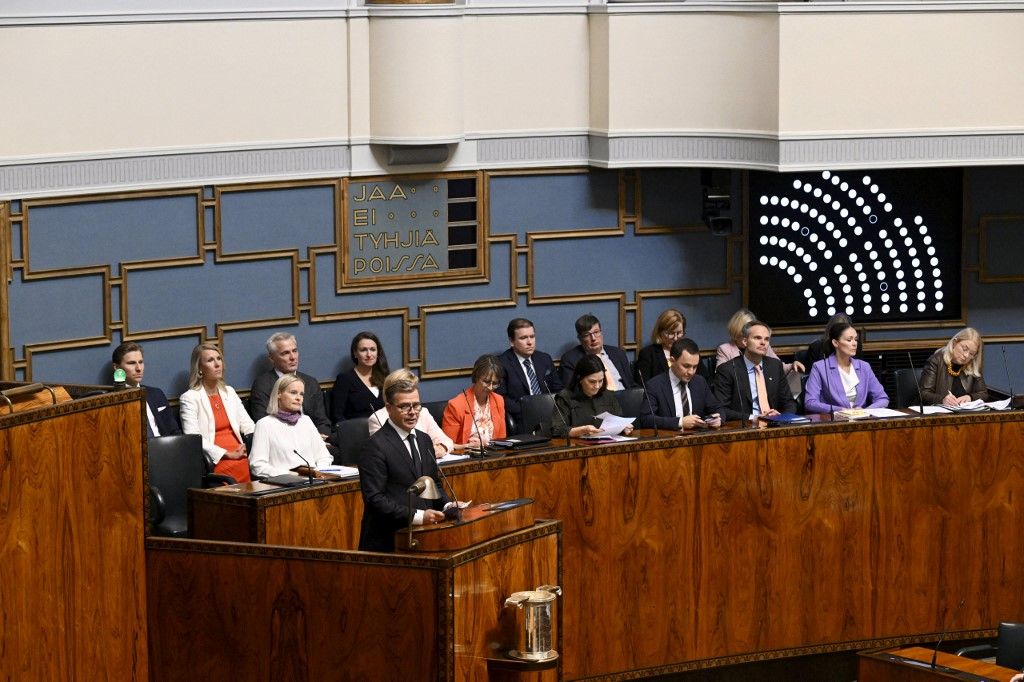 Finnish Prime Minister Petteri Orpo addresses members of parliament during a session of the Finnish Parliament in Helsinki, Finland on September 6, 2023. The Finnish parliament held a debate about the government's anti-racism policy. (Photo by Markku Ulander / Lehtikuva / AFP) / Finland OUT